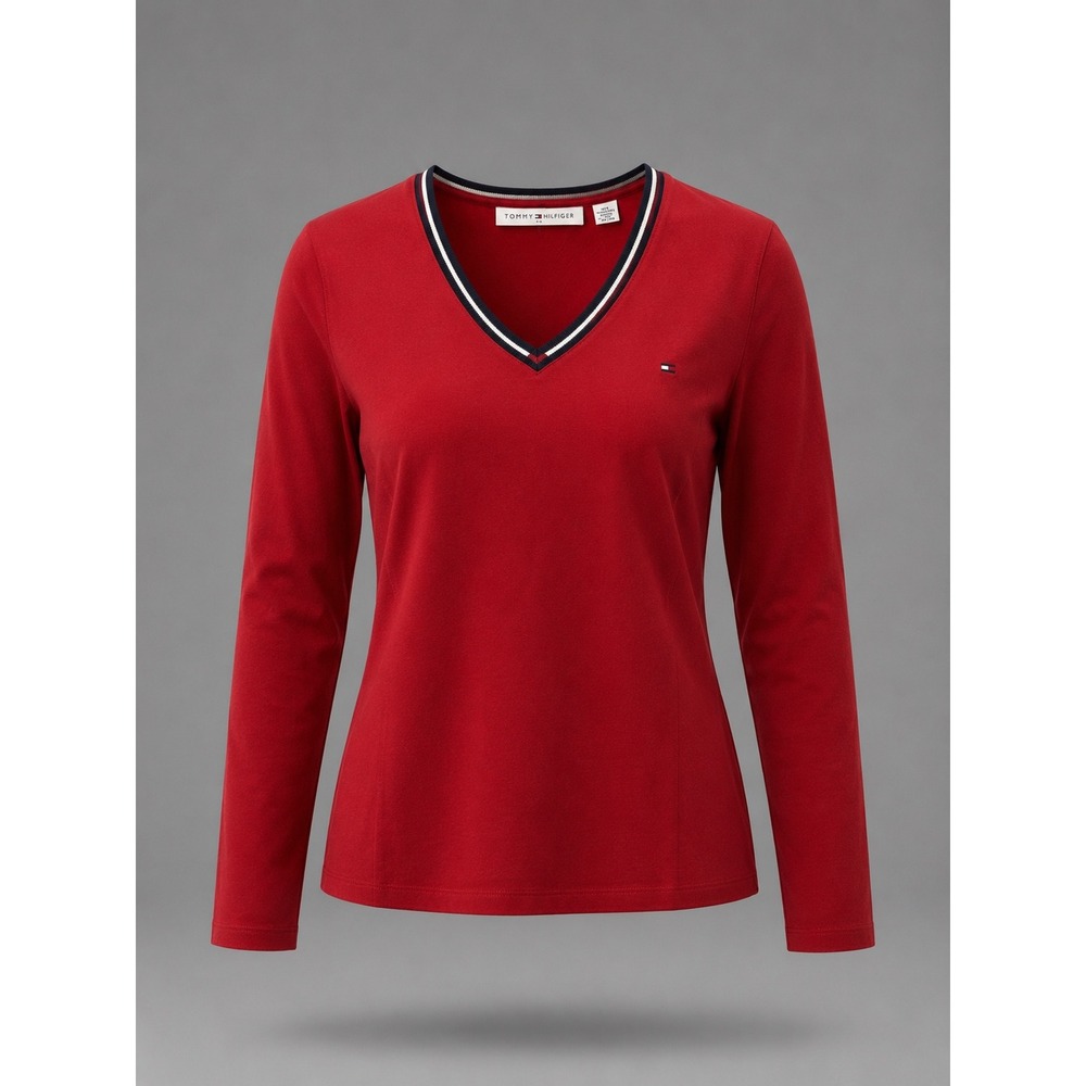 NWT Tommy Hilfiger Jeans Womens Red V-Neck Long Sleeve Cotton Top Size L